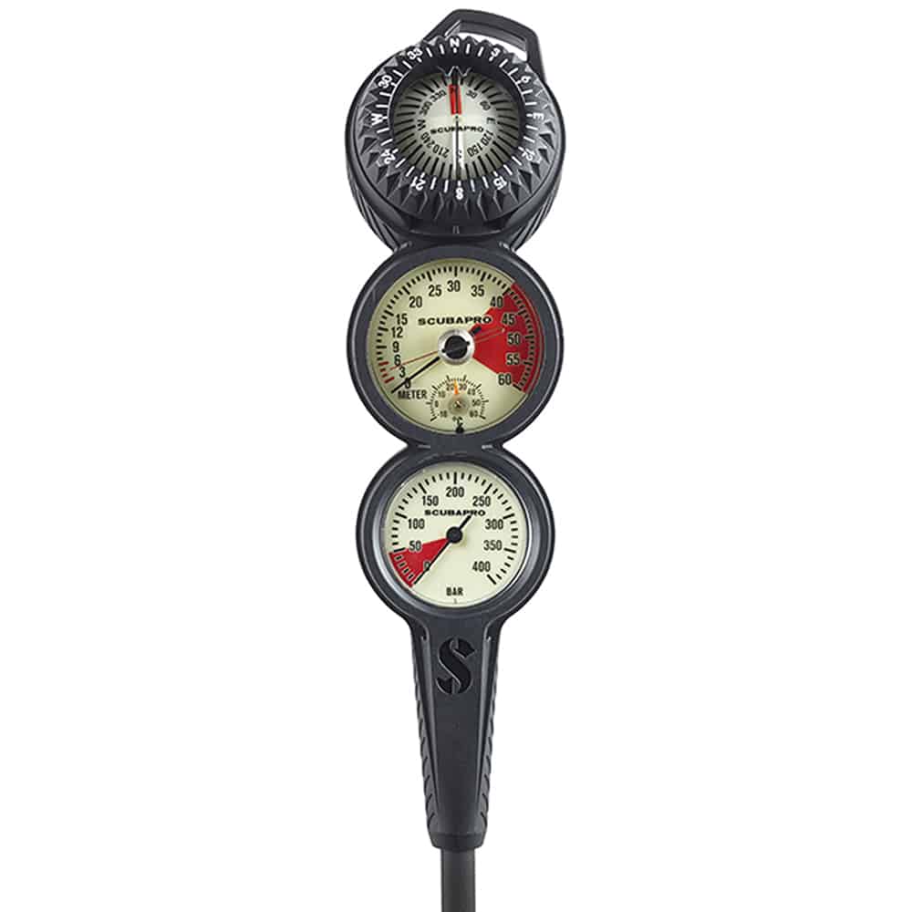 Scubapro 3 Inline 3 Gauge Console - Depth, Contents & Compass Scubapro 3 Inline 3 Gauge Console - Depth, Contents & Compass