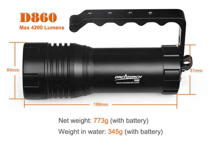 OrcaTorch D860 Dive Torch Sizes